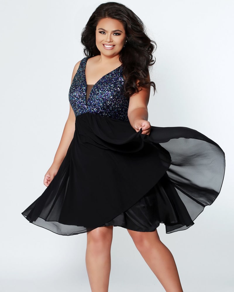 Front of a model wearing a size 28 Shining Night Party Dress in Black/Multi by Sydney's Closet. | dia_product_style_image_id:250672